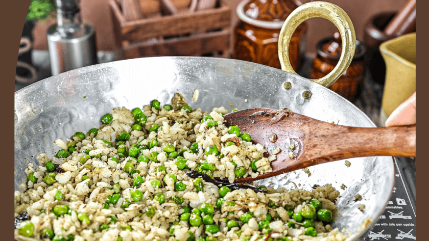 A bowl of Banarasi Chura Matar garnished with coriander and served hot