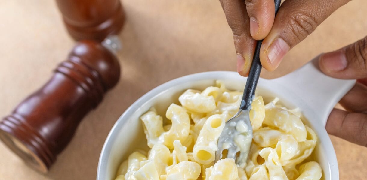 Microwave mac & cheese in mug.
