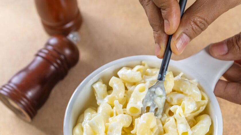 Microwave mac & cheese in mug.