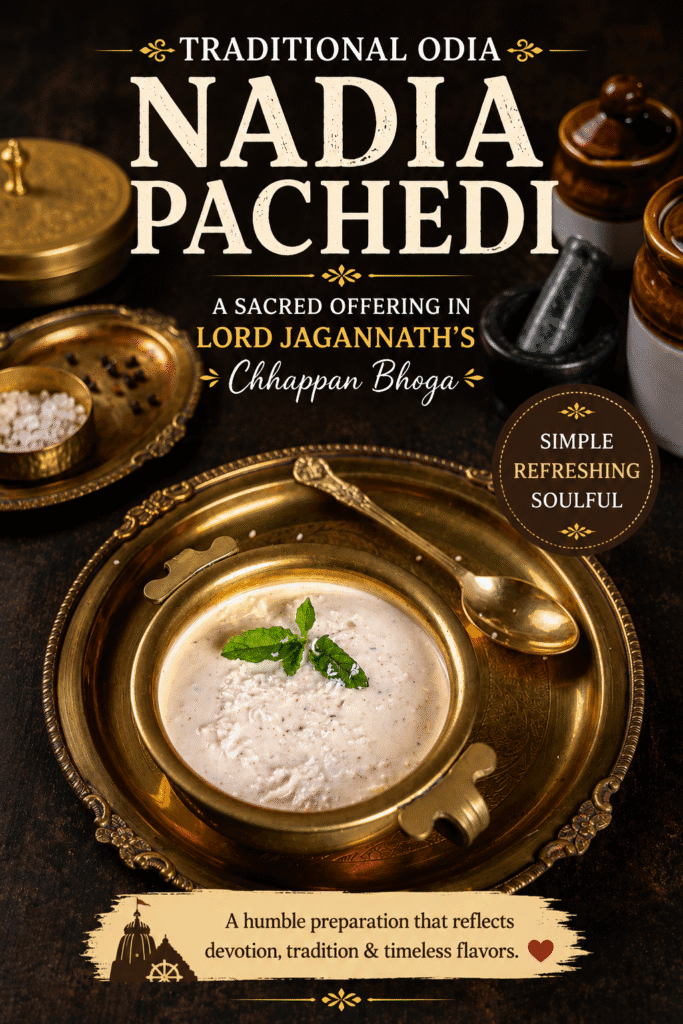 Nadia Pachedi served in a bowl, a traditional Odia coconut and curd preparation offered as Lord Jagannath Bhoga during Chhappan Bhoga.