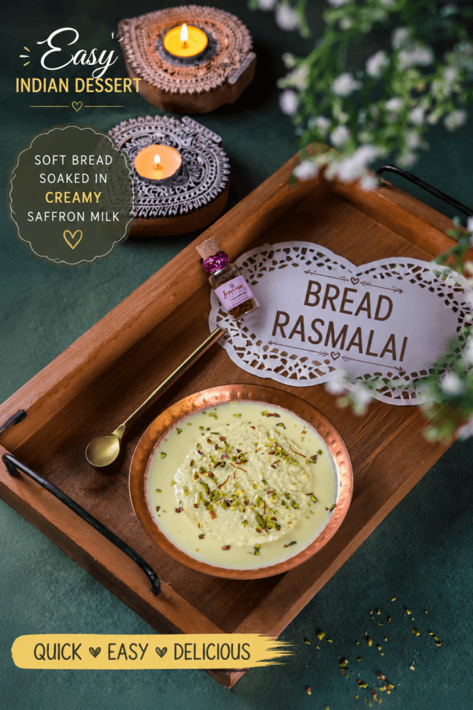 Bread Rasmalai with soft bread soaked in creamy saffron milk and topped with pistachios