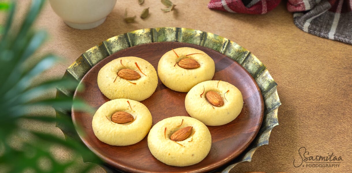 Soft homemade Chhena Peda garnished with almonds and saffron