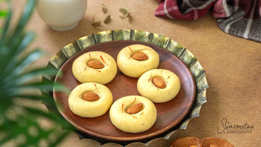 Soft homemade Chhena Peda garnished with almonds and saffron