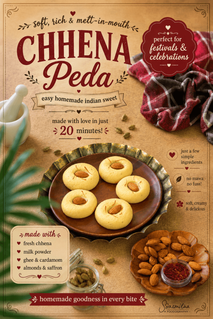 Chhena Peda recipe, soft homemade Indian sweet garnished with almonds and saffron
