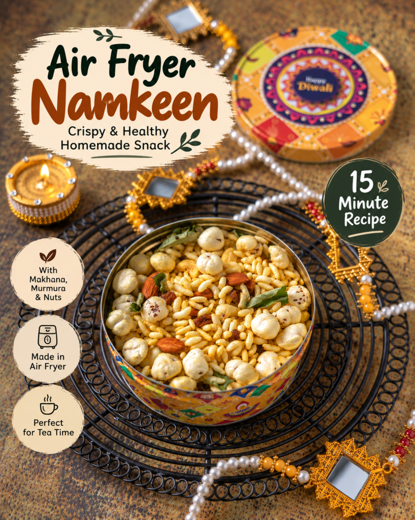 Air Fryer Namkeen made with murmura, makhana, peanuts and cashews, a crispy homemade Indian snack