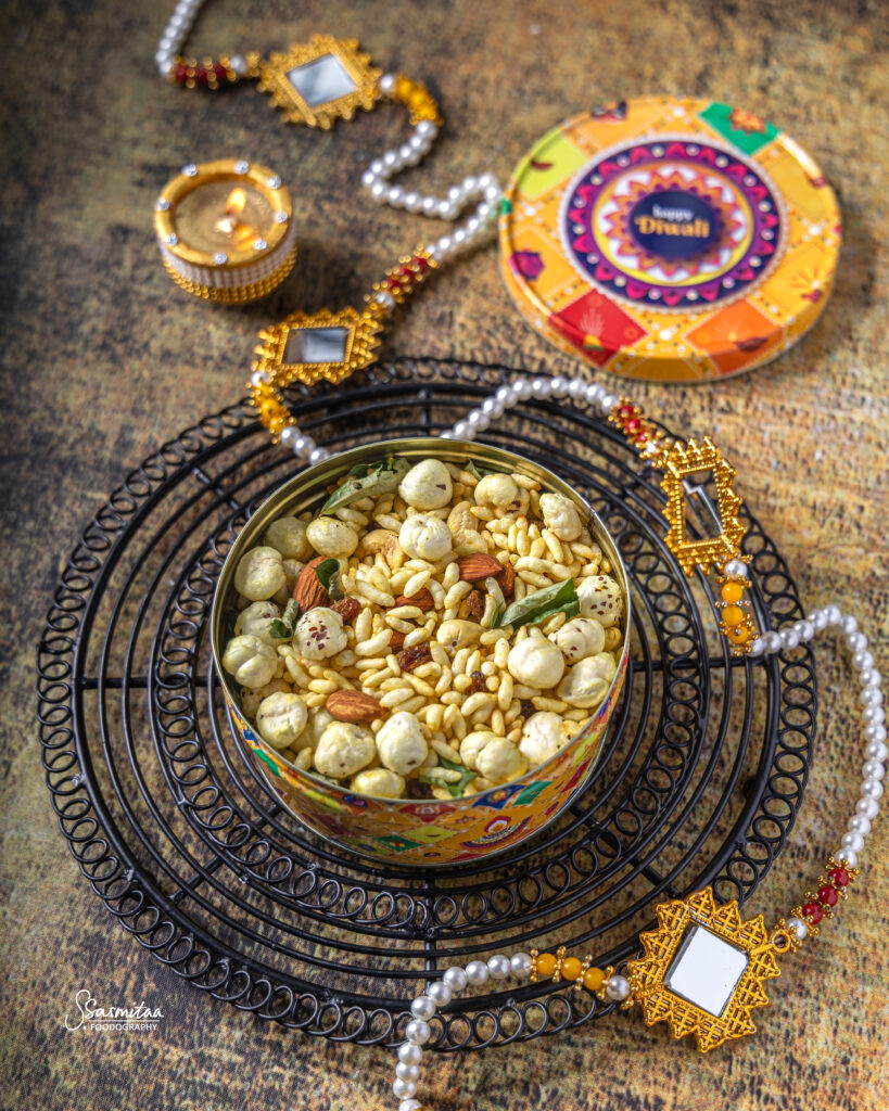 A bowl of homemade air fryer namkeen with roasted makhana, murmura and nuts