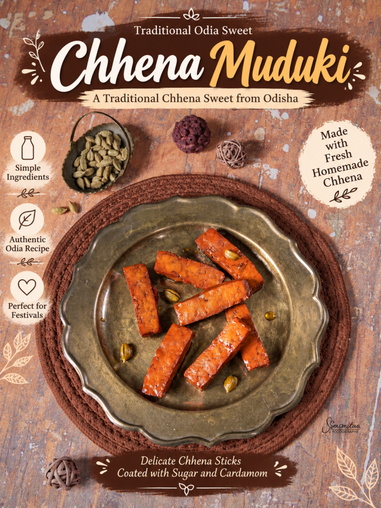 Pinterest recipe image of traditional Odia Chhena Muduki made with fresh homemade chhena and sugar.